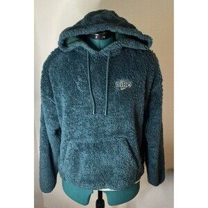 Nike Women Sweatshirt Small Teal Hoodie Fuzzy Teddy Sherpa Logo Pullover